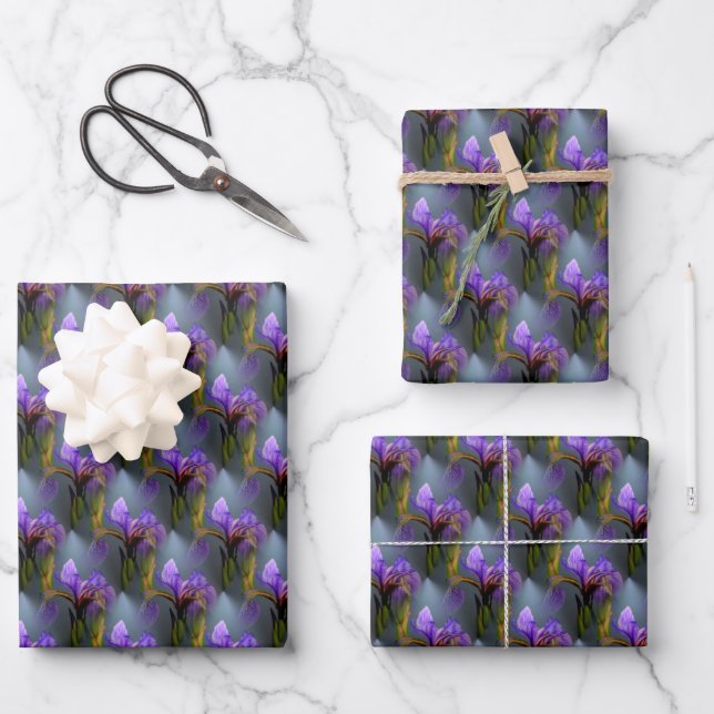 Feuille De Papier Cadeau Drapeau bleu Iris Fleur Nature Motif d'art (Recto)