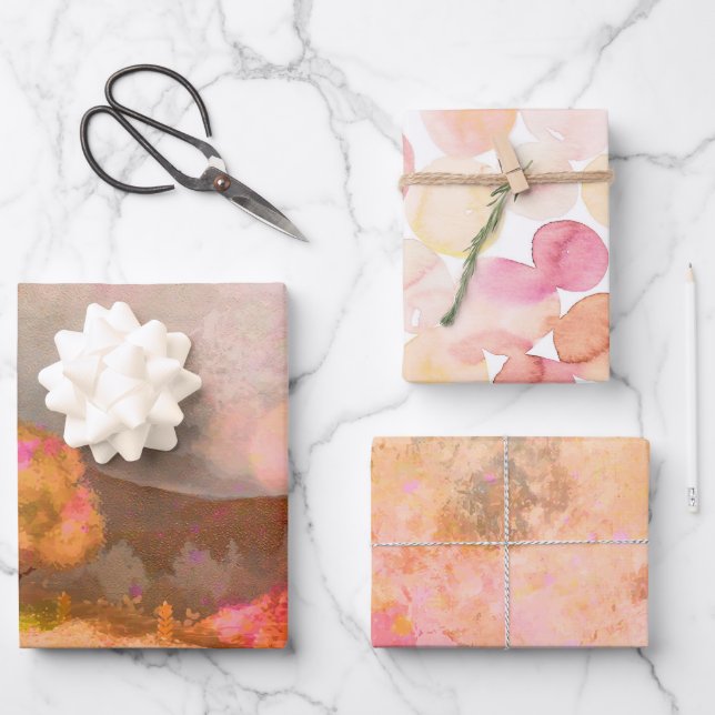 Feuille De Papier Cadeau Dreamy Rose Orange Aquarelles Trio (Recto)