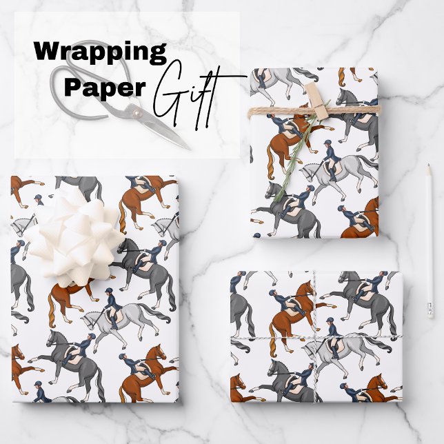Feuille De Papier Cadeau Dressage Équitation (exquisite sheets featuring three majestic horses performing dressage trot in different colors)