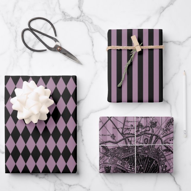 Feuille De Papier Cadeau Dusky Purple et Black Paris (Recto)
