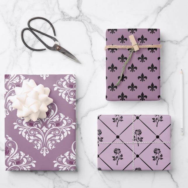 Feuille De Papier Cadeau Dusky Purple et Black Paris (Recto)