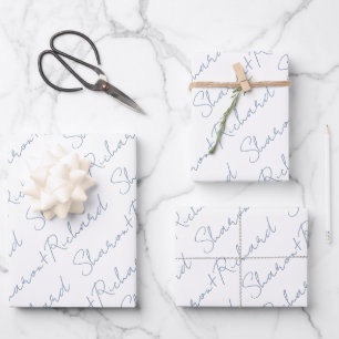 Feuille De Papier Cadeau Dusty bleu script calligraphie noms mariage