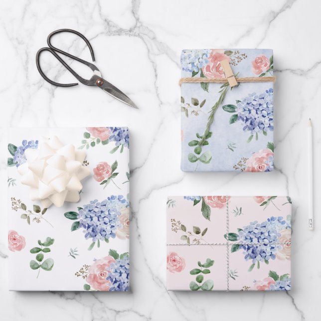 Feuille De Papier Cadeau Dusty Blue Pastel Pink hydrangeas Mariage (Recto)