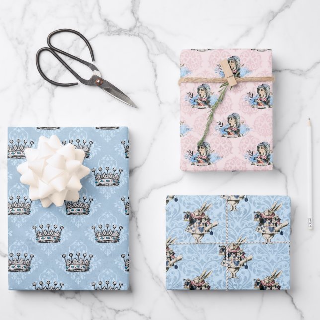 Feuille De Papier Cadeau Dusty Blue & Pink Alice in Wonderland Baby shower (Recto)