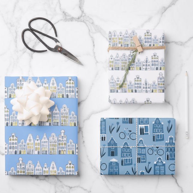 Feuille De Papier Cadeau Dutch Houses Vélos Tulips Amsterdam Variété Pack (Recto)