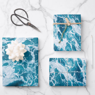 Feuille De Papier Cadeau Eau de mer Vagues bleu et blanc de l'océan