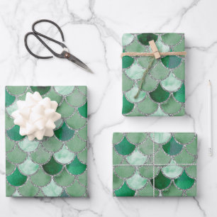 Feuille De Papier Cadeau Écales de sirènes vertes et argentées