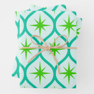Feuille De Papier Cadeau Éclats d'étoiles verts du milieu du siècle sur un