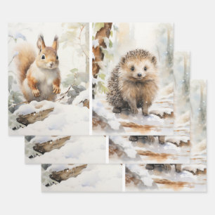 Feuille De Papier Cadeau Écureuil d'aquarelle en bois Hérisson Scène hivern