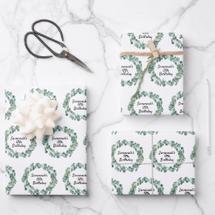 Feuille De Papier Cadeau Eeucalyptus vert d'anniversaire écriture du nom de