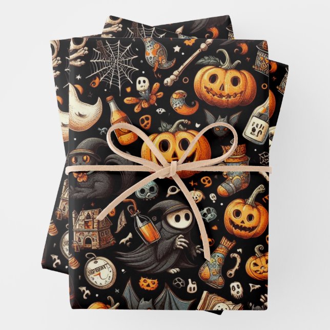 Feuille De Papier Cadeau Éffrayant Halloween Ghost Motif noir (En situation)