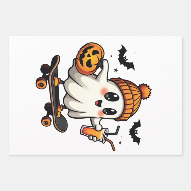 Feuille De Papier Cadeau Éffrayant Halloween Patinage Citrouille Fantôme ép (Devant)