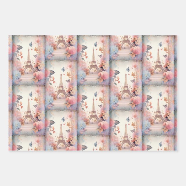 Feuille De Papier Cadeau Eiffel Tower Butterflies and Flowers Pattern (Devant 3)