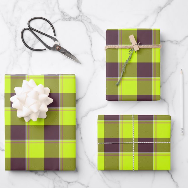 Feuille De Papier Cadeau Electric Lime and Livid Brown Plaid (Recto)