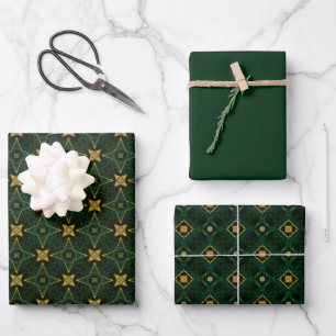Feuille De Papier Cadeau Élégant À feuillage persistant Emerald vert et or