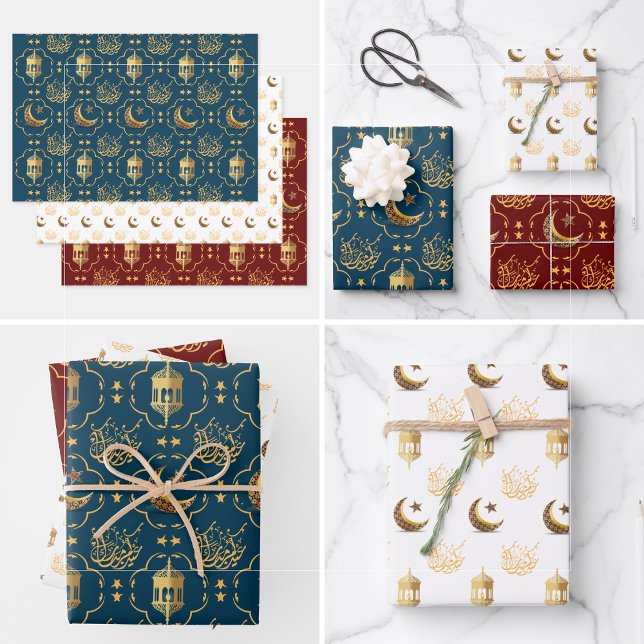 Feuille De Papier Cadeau Elegant Aïd Moubarak Calligraphie or (Eid Mubarak adha islamic arabic joy crescent star gold script typography muslim festival  fitr wrap)