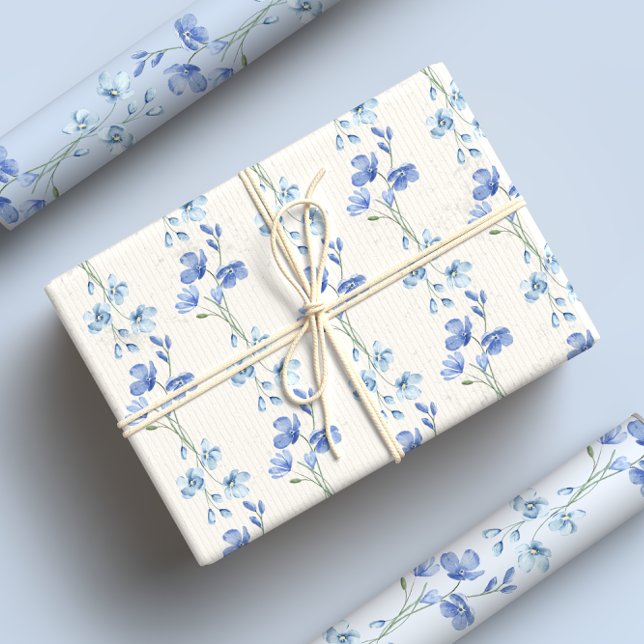 Feuille De Papier Cadeau Elégant bleu et blanc Fleur sauvage aquarelle (Créateur téléchargé)