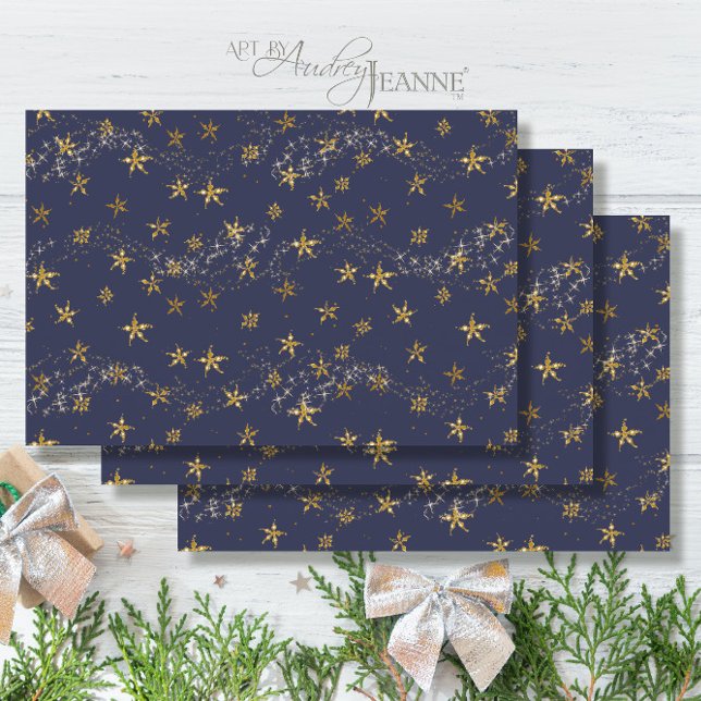 Feuille De Papier Cadeau Elégant bleu marine n or flocon de neige étoiles d (Créateur téléchargé)