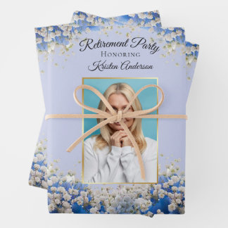 Feuille De Papier Cadeau Élégant Blue Floral Floral Photo Party Retraite