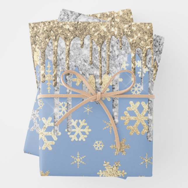 Feuille De Papier Cadeau Élégant Blue Gold Silver Snowflakes (En situation)