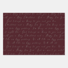 Feuille De Papier Cadeau Élégant Bordeaux Rouge Script Noël