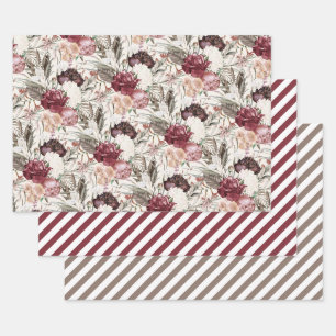 Feuille De Papier Cadeau Élégant Burgundy Crème Floral Rayure de Verdure