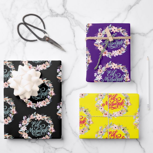 Feuille De Papier Cadeau Elégant cadeau floral Aïd Moubarak (Recto)