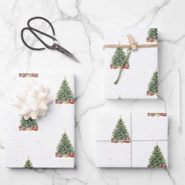 Feuille De Papier Cadeau Élégant cadeau Motif d'arbre de Noël vert (Recto)