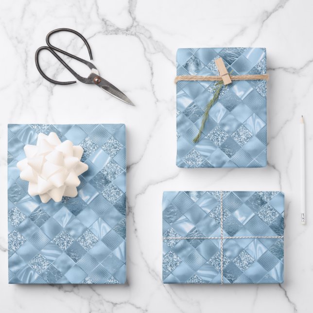 Feuille De Papier Cadeau élégant carrelage bleu motif Noël (Recto)
