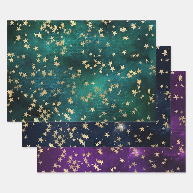 Feuille De Papier Cadeau Elegant Celestial Starry Gold Stars Design (Lot)