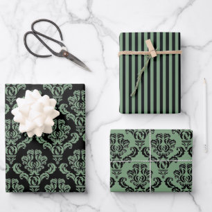 Feuille De Papier Cadeau Élégant Damas vert