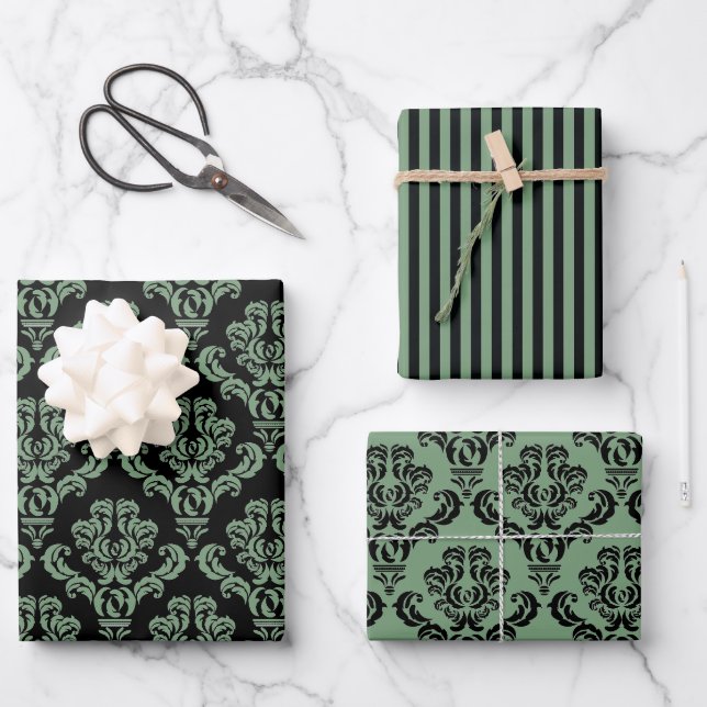 Feuille De Papier Cadeau Élégant Damas vert (Recto)
