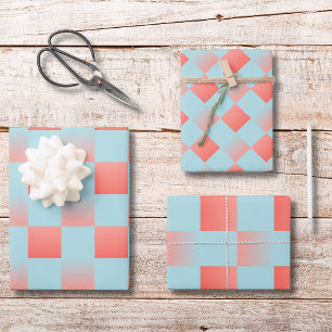Feuille De Papier Cadeau Elégant dégradé à damiers poudre corail bleu rose