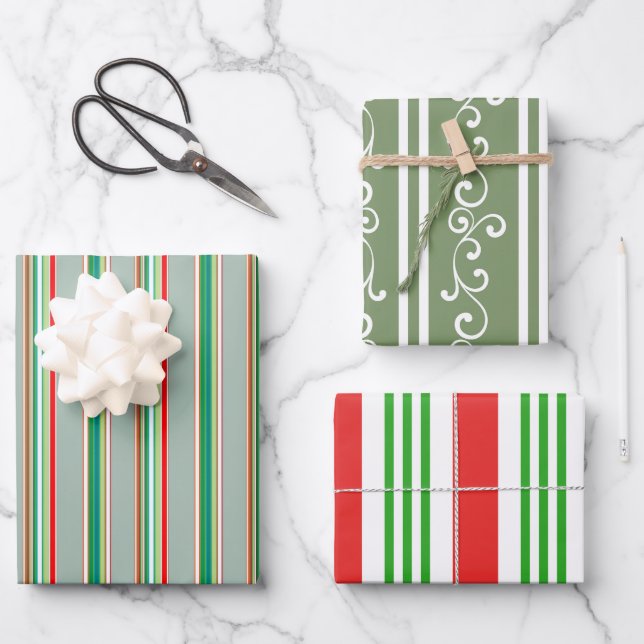Feuille De Papier Cadeau Elegant Festive Red Green Striped Holiday (Recto)