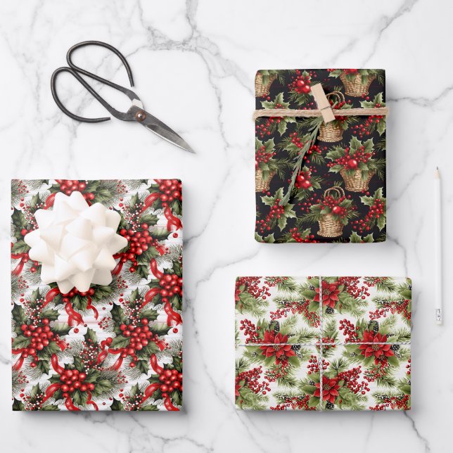 Feuille De Papier Cadeau Élégant Festive Rouge & Vert Noël Botanique (Recto)