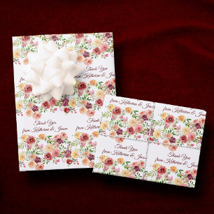 Feuille De Papier Cadeau Élégant Floral Bourgogne Rouge Monogramme Mariage