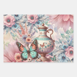 Feuille De Papier Cadeau Élégant floral et papillons