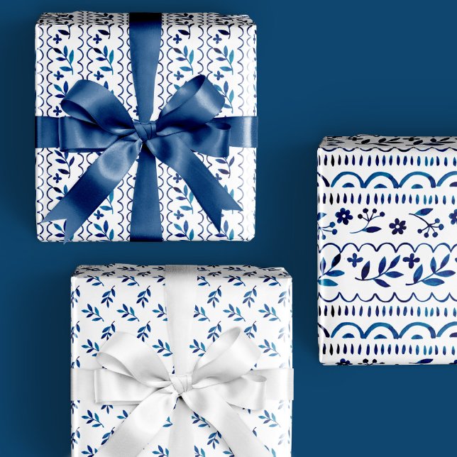 Feuille De Papier Cadeau Elégant Folk Botanique Bleu Aquarelle Vacances (Créateur téléchargé)