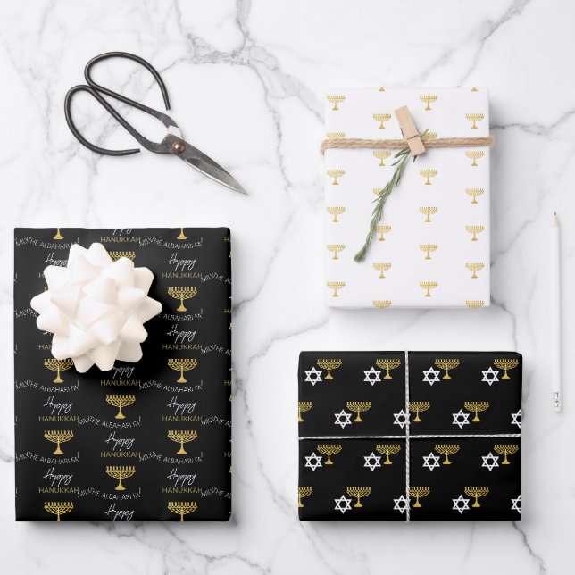 Feuille De Papier Cadeau Élégant Hanoukka Happy Golden Menorah Monogram (Recto)