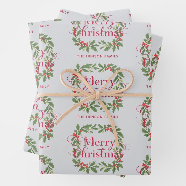 Feuille De Papier Cadeau Elegant Holly Wreath Merry Christmas (En situation)