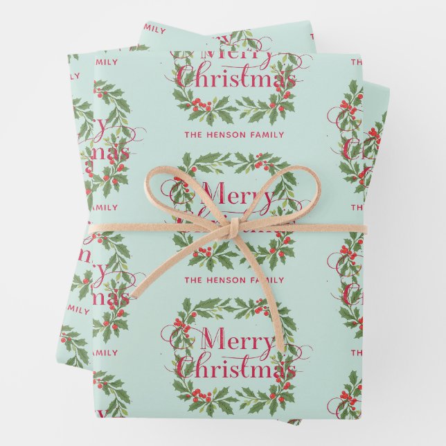 Feuille De Papier Cadeau Elegant Holly Wreath Merry Christmas (En situation)