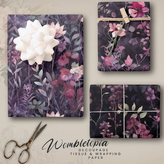 Feuille De Papier Cadeau Elégant Jardin Floral Minuit Rose violet (Créateur téléchargé)