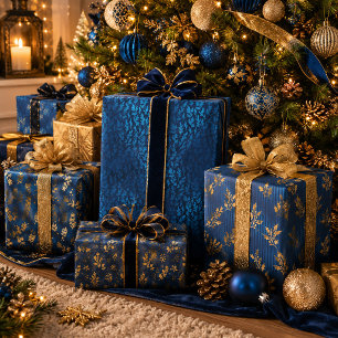 Feuille De Papier Cadeau Élégant Luxe Bleu Or Noël Fêtes