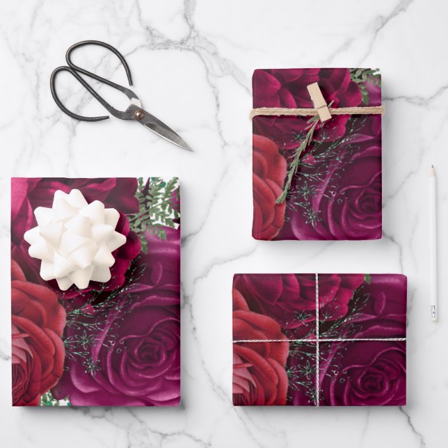 Feuille De Papier Cadeau Elegant Magenta Rose Floral Bouquet (Recto)
