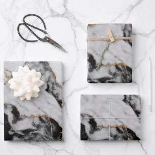 Feuille De Papier Cadeau Elégant marbre noir gris or