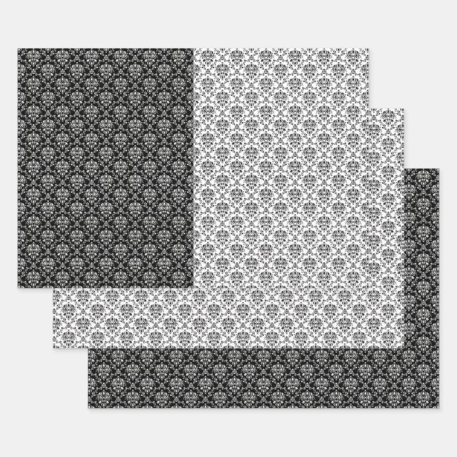 Feuille De Papier Cadeau Élégant mélange noir et blanc Damas (Lot)