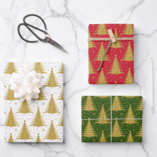 Feuille De Papier Cadeau Élégant métal or Noël Arbres Motif