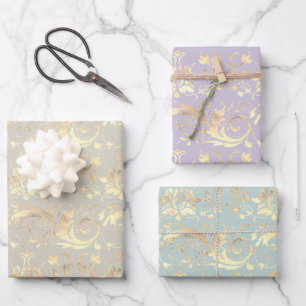 Feuille De Papier Cadeau Elégant modèle vintage de damas en or