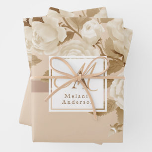 Feuille De Papier Cadeau Élégant Monogramme Beige Or Rose