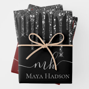 Feuille De Papier Cadeau Élégant Monogramme noir Parties scintillant Drives